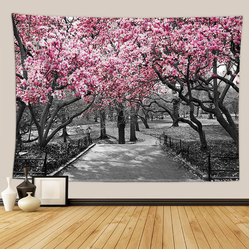 Tenture murale montagne japon cerisier noir et blanc