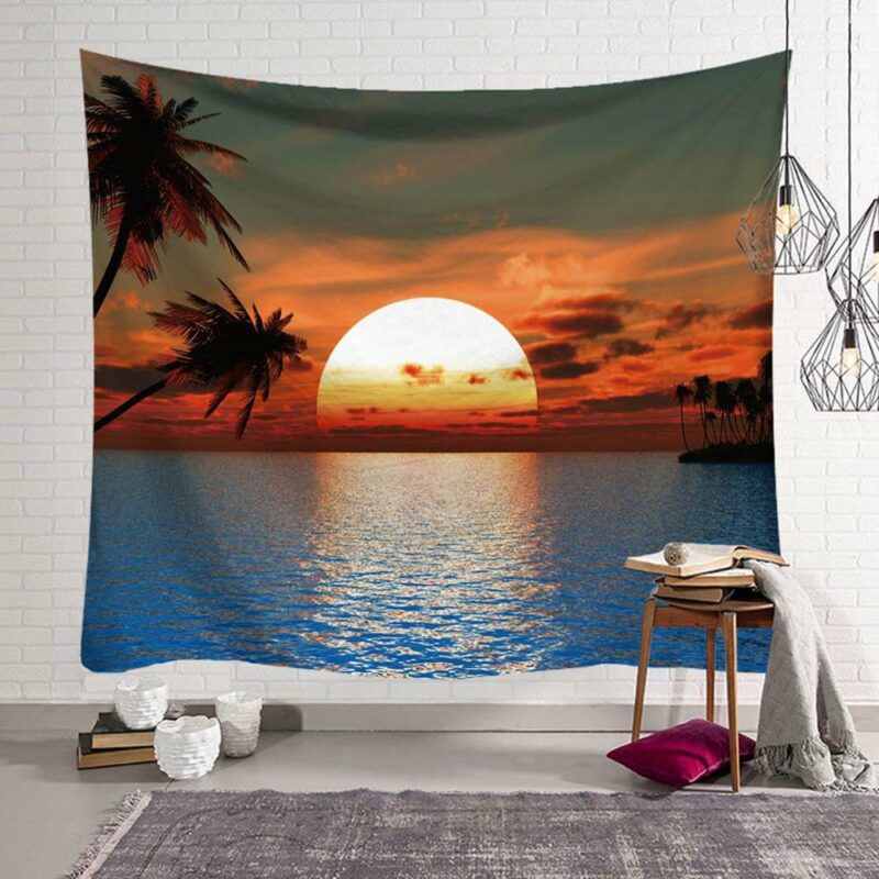 tenture murale palmier paysage coucher de soleil