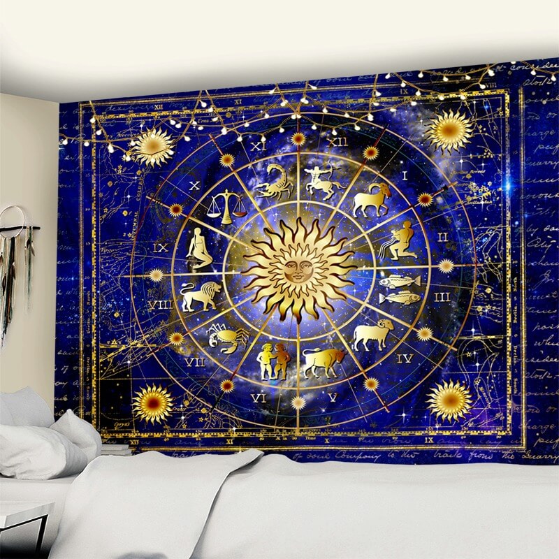 Tenture Murale Dorée Psychédélique Astrologie vue chambre